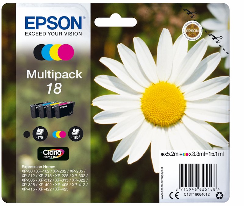 Multipack 4 cartucce EPSON Margherita 18 Nero, Giallo, Ciano, Magenta Multipack 4 cartucce EPSON Margherita 18 Nero, Giallo, Ciano, Magenta