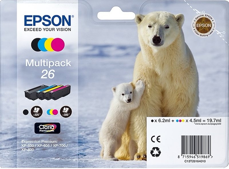 Multipack 4 cartucce EPSON Orso polare 26 Nero, Giallo, Ciano, Magenta