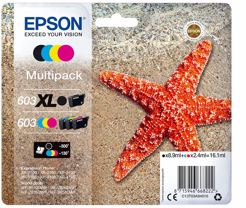 Multipack 4 cartucce EPSON Stella marina 603 Nero XL, Giallo, Ciano, Magenta Multipack 4 cartucce EPSON Stella marina 603 Nero XL, Giallo, Ciano, Magenta