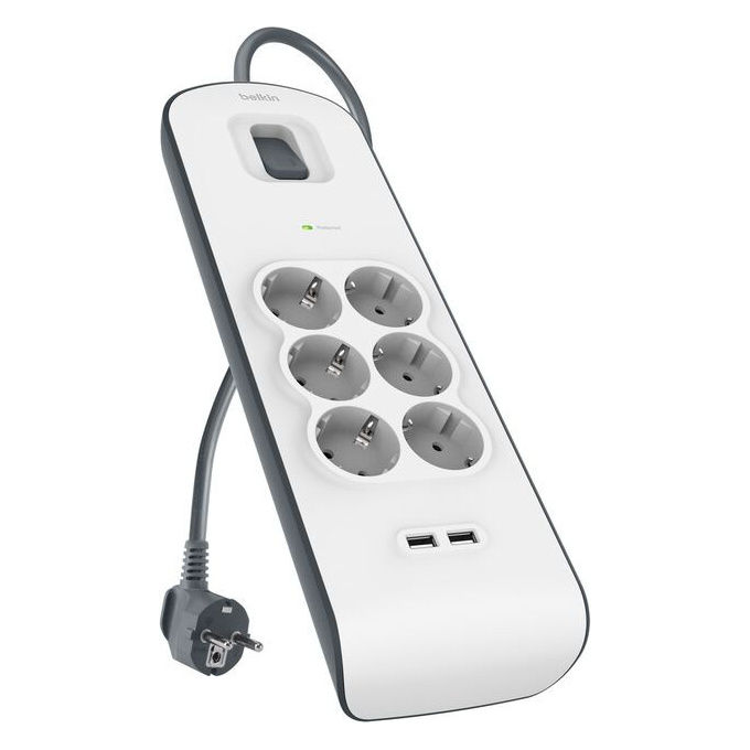 Multipresa Filtrata BELKIN Protezione dalle sovratensioni con 6 prese, cavo da 2 metri e porte USB-A Multipresa Filtrata BELKIN Protezione dalle sovratensioni con 6 prese, cavo da 2 metri e porte USB-A