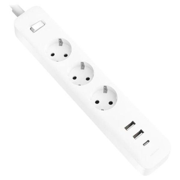 Multipresa Xiaomi da 20 W con interruttore - 3 prese Schuko - 2 porte USB C da 20 W + 1 porta USB A - Ricarica rapida da 20 W - Materiale ignifugo fino a 750 °C - Protezione bambini - Cavo da 14 m - Bianco
