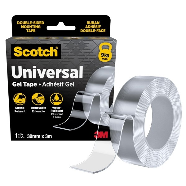 Nastro adesivo in gel biadesivo Scotch 30 mm x 3 m - Adesivo rimovibile - Supporta in sicurezza fino a 9 kg - Trasparente