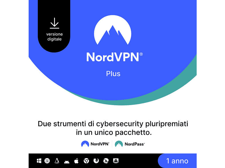 NordVPN Plus - 12 mesi Servizio VPN, Software di Cybersecurity, Password Manager e Data Breach Scanner fino a 10 dispositivi [Multipiattaforma] Digitale