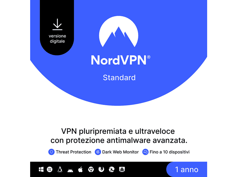 NordVPN Standard - 12 mesi Servizio VPN E Software di Cybersecurity per 10 Dispositivi [Multipiattaforma] Digitale