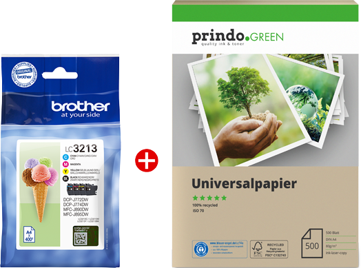 ORIGINALE Brother Value Pack nero / ciano / magenta / giallo LC3213 MCVP + Prindo Green Recyclingpapier 500 Blatt