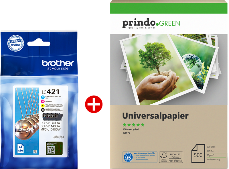 ORIGINALE Brother Value Pack nero / ciano / magenta / giallo LC421 MCVP + Carta riciclabile Prindo Green 500 fogli ORIGINALE Brother Value Pack nero / ciano / magenta / giallo LC421 MCVP + Carta riciclabile Prindo Green 500 fogli