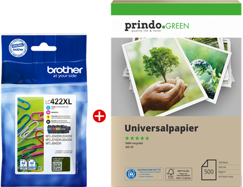 ORIGINALE Brother Value Pack nero / ciano / magenta / giallo LC422XL MCVP + Carta riciclabile Prindo Green 500 fogli