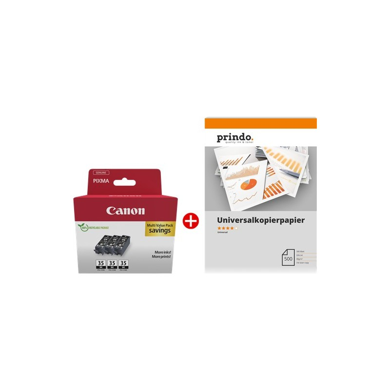 ORIGINALE Canon Value Pack nero / Bianco PGI-35BK 3er MCVP + Prindo Universal Papier 500 Blatt ORIGINALE Canon Value Pack nero / Bianco PGI-35BK 3er MCVP + Prindo Universal Papier 500 Blatt