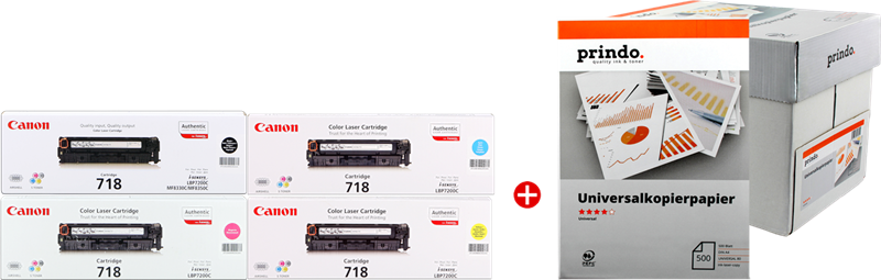 ORIGINALE Canon Value Pack nero / ciano / magenta / giallo 718 MCVP 01 + Prindo carta universale 2500 fogli 12100 pagine ORIGINALE Canon Value Pack nero / ciano / magenta / giallo 718 MCVP 01 + Prindo carta universale 2500 fogli 12100 pagine