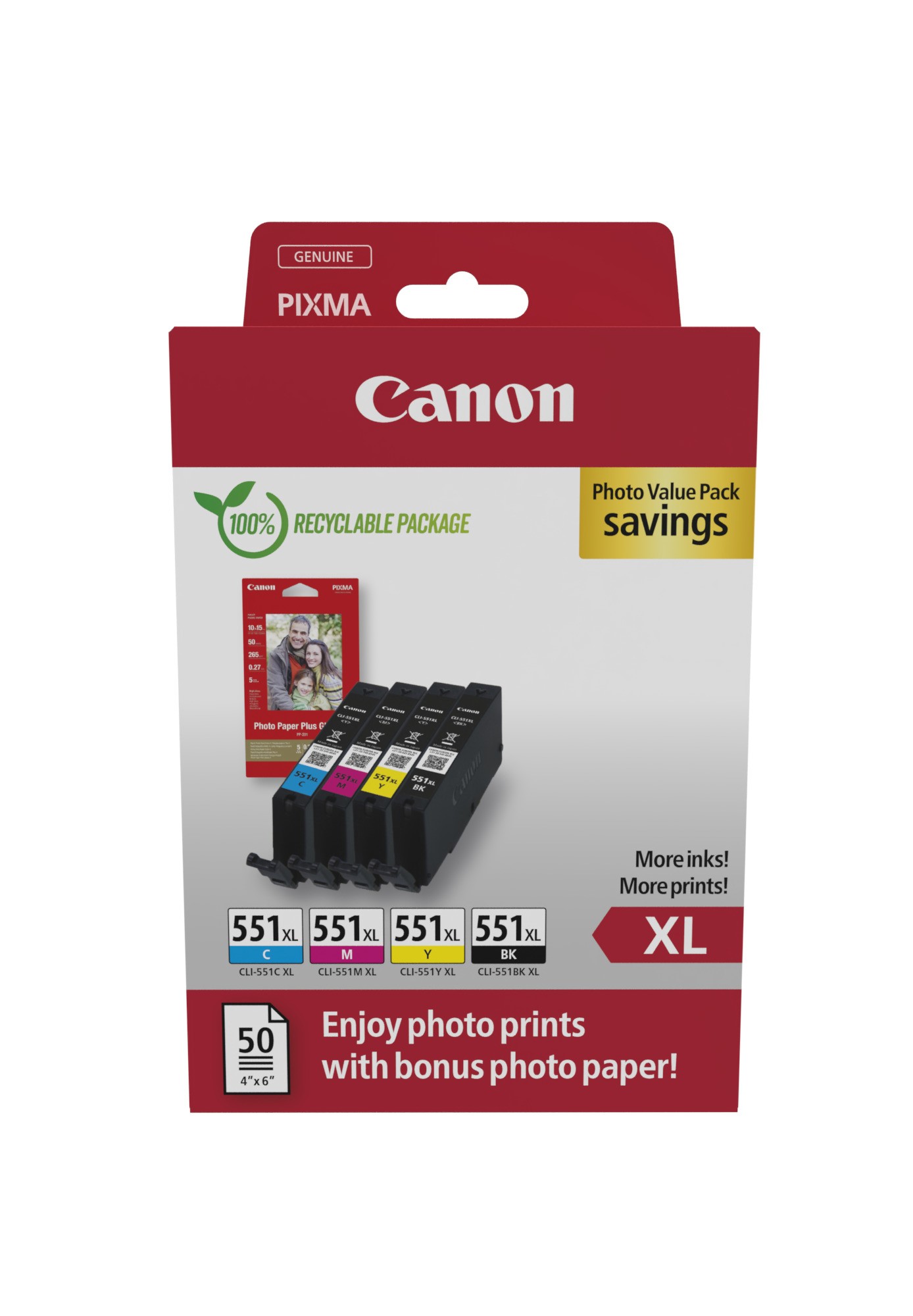 ORIGINALE Canon Value Pack nero / ciano / magenta / giallo CLI-551 XL + 10x15 cm Fotopapier 50 fogli