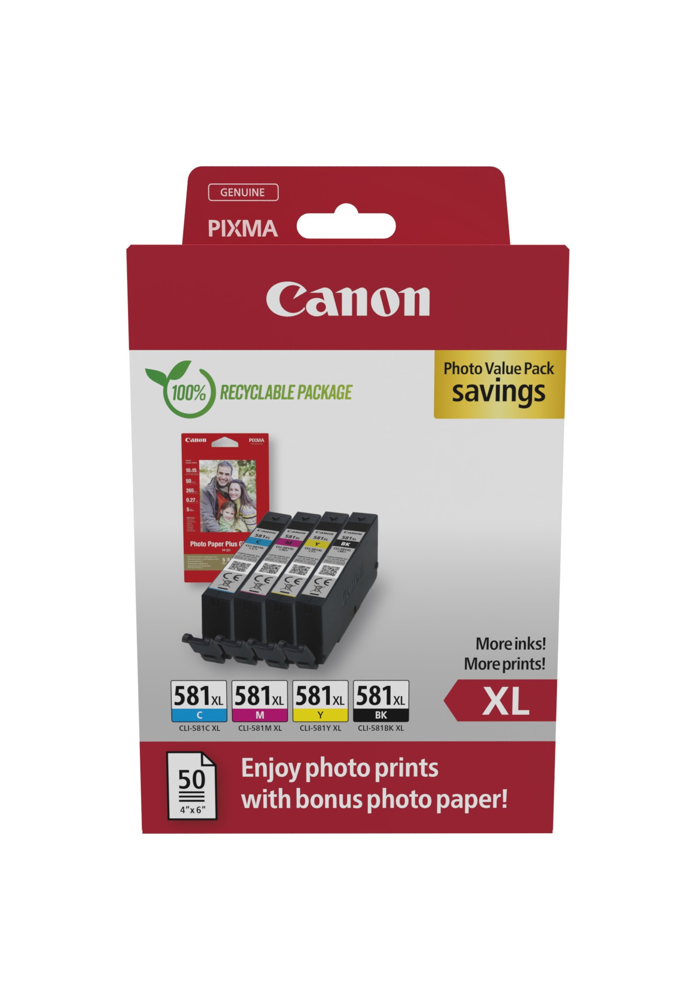 ORIGINALE Canon Value Pack nero / ciano / magenta / giallo CLI-581 XL + 10x15 cm carta fotografica Plus II 50 fogli 4623 pagine ORIGINALE Canon Value Pack nero / ciano / magenta / giallo CLI-581 XL + 10x15 cm carta fotografica Plus II 50 fogli 4623 pagine