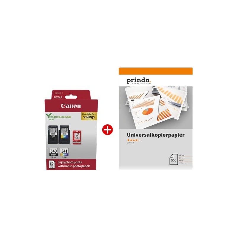 ORIGINALE Canon Value Pack nero / differenti colori / Bianco / Bianco PG-540+CL-541 MCVP + Prindo Universal Papier 500 Blatt 360 pagine ORIGINALE Canon Value Pack nero / differenti colori / Bianco / Bianco PG-540+CL-541 MCVP + Prindo Universal Papier 500 Blatt 360 pagine