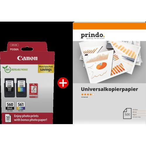ORIGINALE Canon Value Pack nero / differenti colori / Bianco / Bianco PG-560+CL-561 MCVP + Prindo Universal Papier 500 Blatt 360 pagine