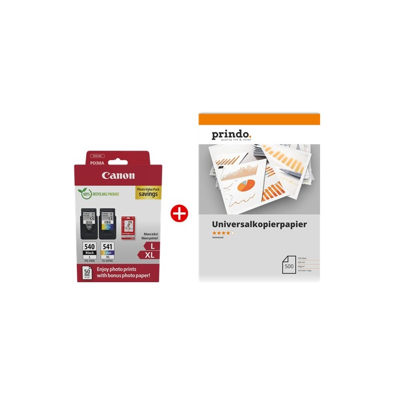 ORIGINALE Canon Value Pack nero / differenti colori / Bianco PG-540L+CL-541XL MCVP + Prindo Universal Papier 500 Blatt 700 pagine