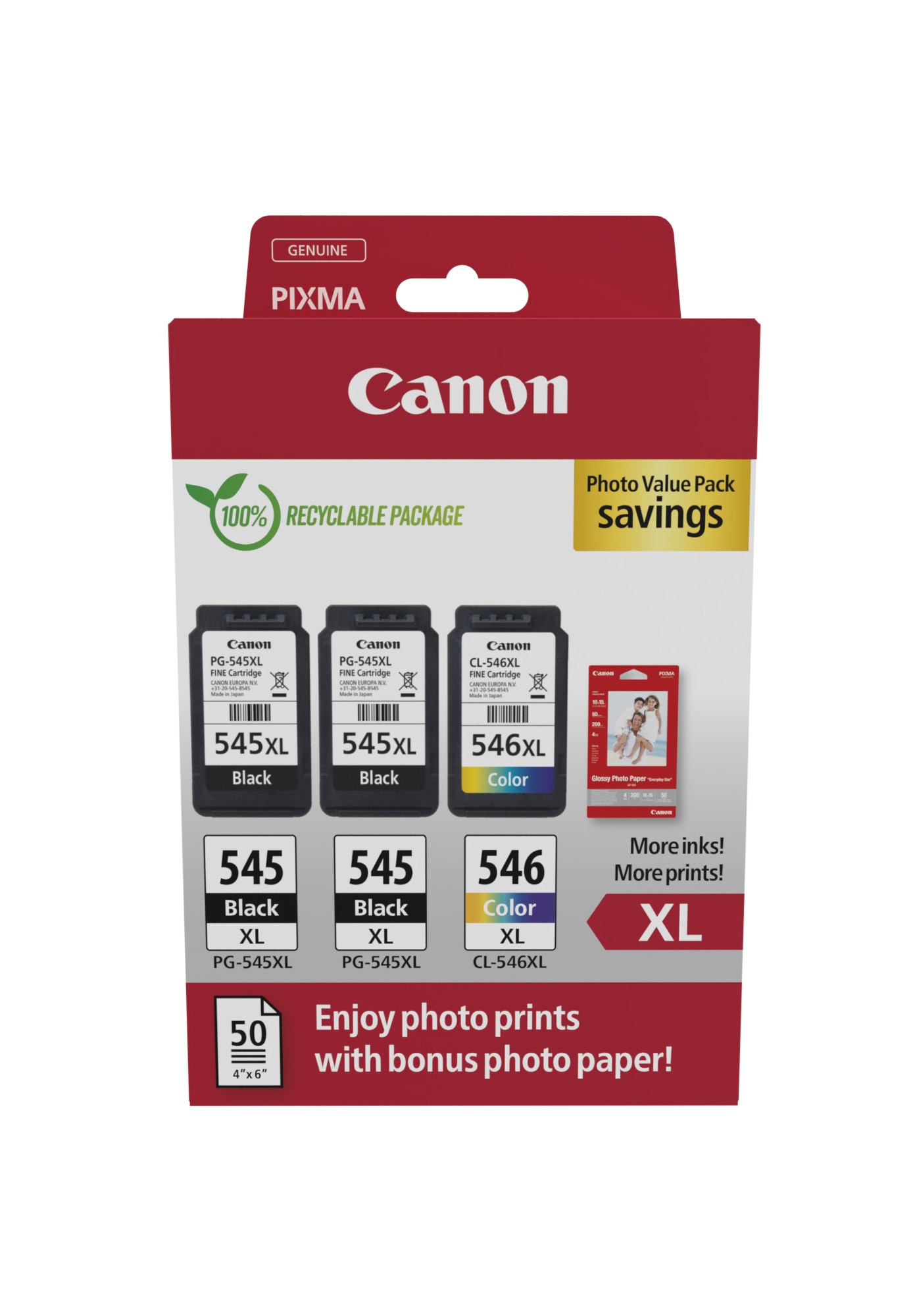 ORIGINALE Canon Value Pack nero / differenti colori / Bianco PG-545XL+CL-546XL + 10x15 cm Fotopapier 50 fogli 700 pagine ORIGINALE Canon Value Pack nero / differenti colori / Bianco PG-545XL+CL-546XL + 10x15 cm Fotopapier 50 fogli 700 pagine