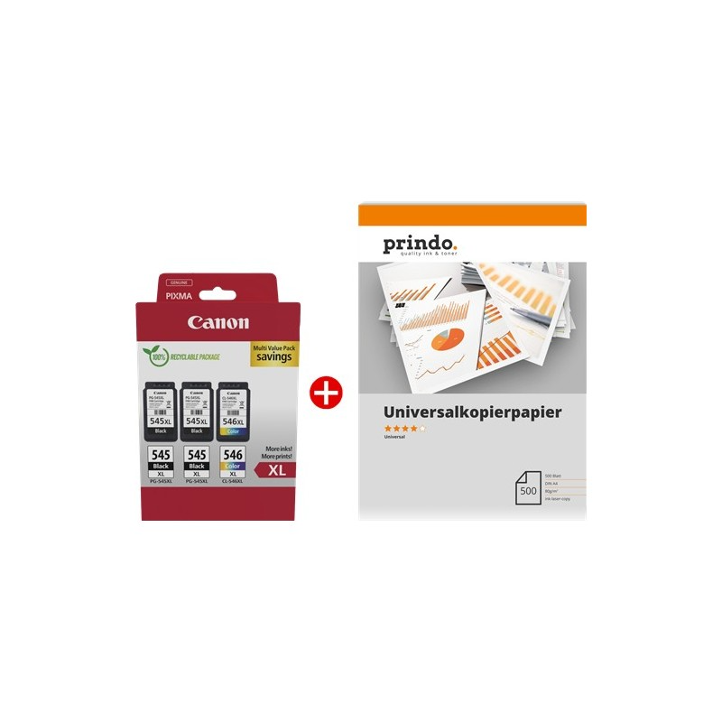 ORIGINALE Canon Value Pack nero / differenti colori / Bianco PG-545XL+CL-546XL MCVP + Prindo Universal Papier 500 Blatt 700 pagine