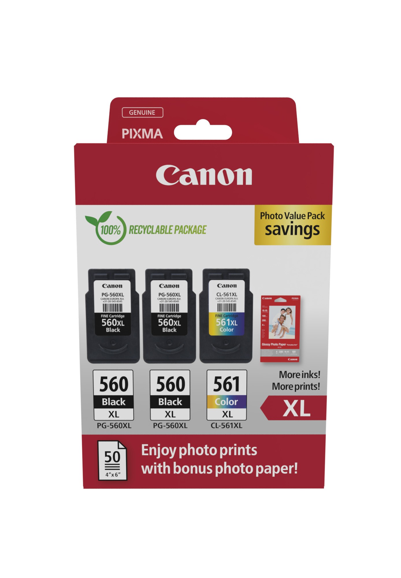 ORIGINALE Canon Value Pack nero / differenti colori / Bianco PG-560XL+CL-561XL + 10x15 cm Fotopapier 50 Blatt 700 pagine