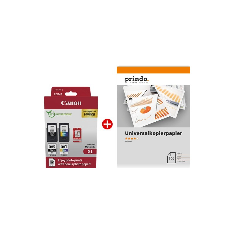 ORIGINALE Canon Value Pack nero / differenti colori / Bianco PG-560XL+CL-561XL MCVP + Prindo Universal Papier 500 Blatt 700 pagine