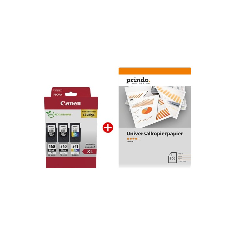 ORIGINALE Canon Value Pack nero / differenti colori / Bianco PG-560XL+CL-561XL MCVP + Prindo Universal Papier 500 Blatt 700 pagine ORIGINALE Canon Value Pack nero / differenti colori / Bianco PG-560XL+CL-561XL MCVP + Prindo Universal Papier 500 Blatt 700 pagine