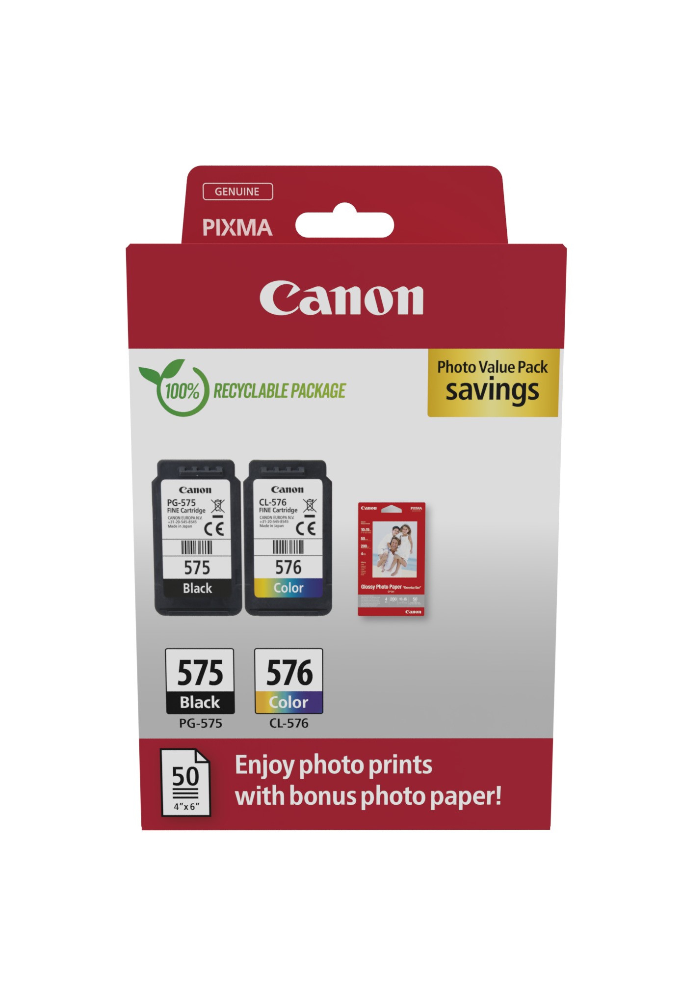 ORIGINALE Canon Value Pack nero / differenti colori / Bianco PG-575+CL-576 + 10x15 cm Fotopapier 50 Blatt 200 pagine ORIGINALE Canon Value Pack nero / differenti colori / Bianco PG-575+CL-576 + 10x15 cm Fotopapier 50 Blatt 200 pagine