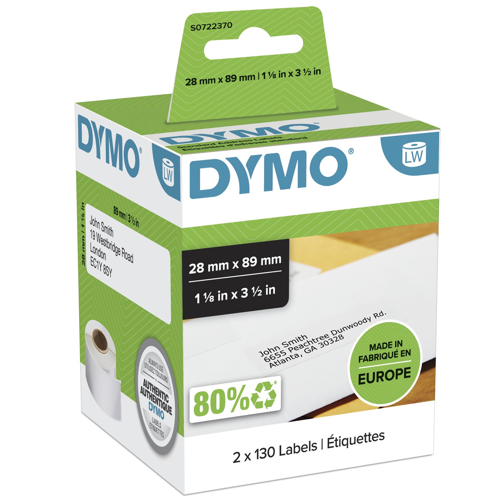 ORIGINALE DYMO Etichette Bianco S0722370 99010 bianche etichette per l'idirizzio 89x28mm 2x130