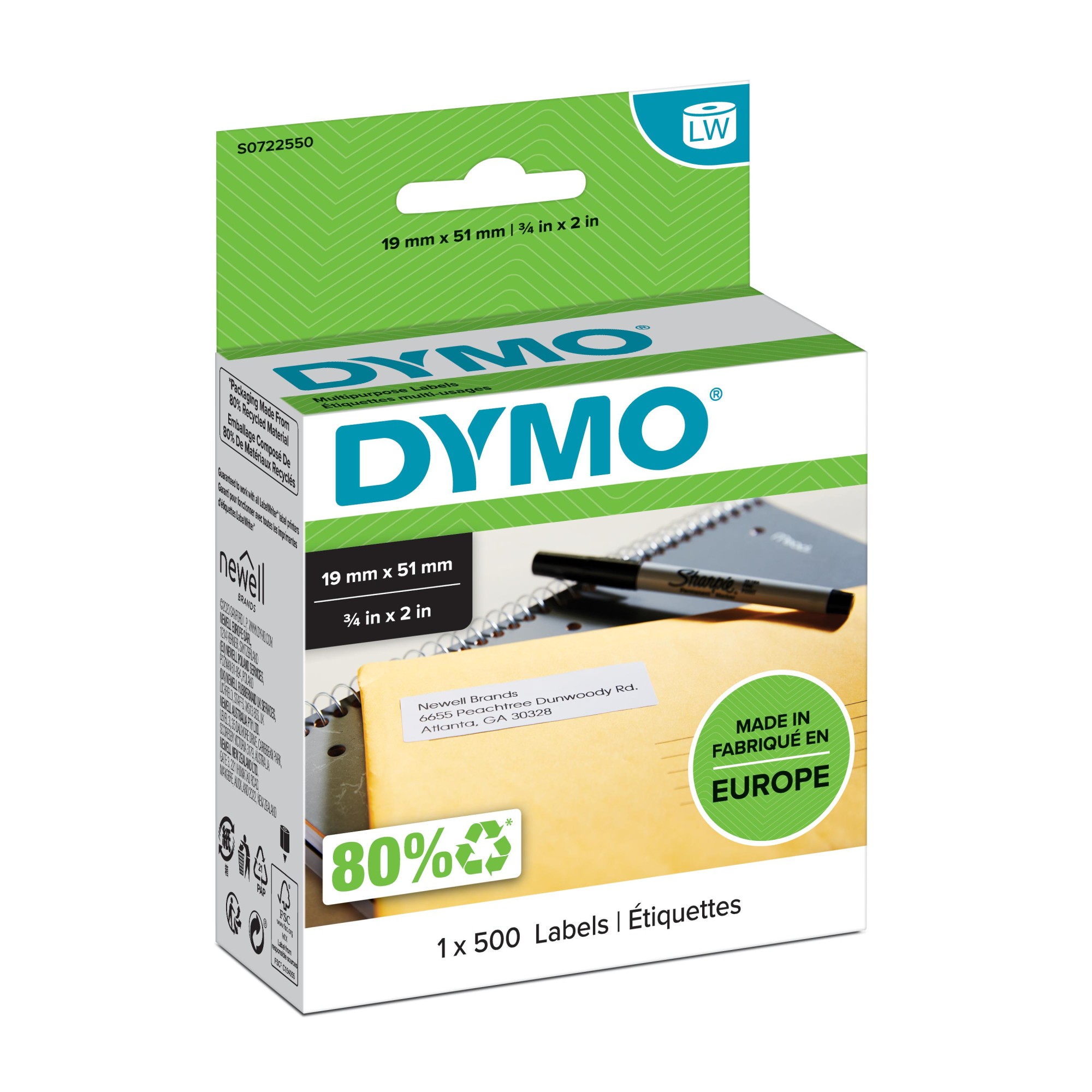 ORIGINALE DYMO Etichette Bianco S0722550 11355 etichette bianche 19x51mm 500 pezzi