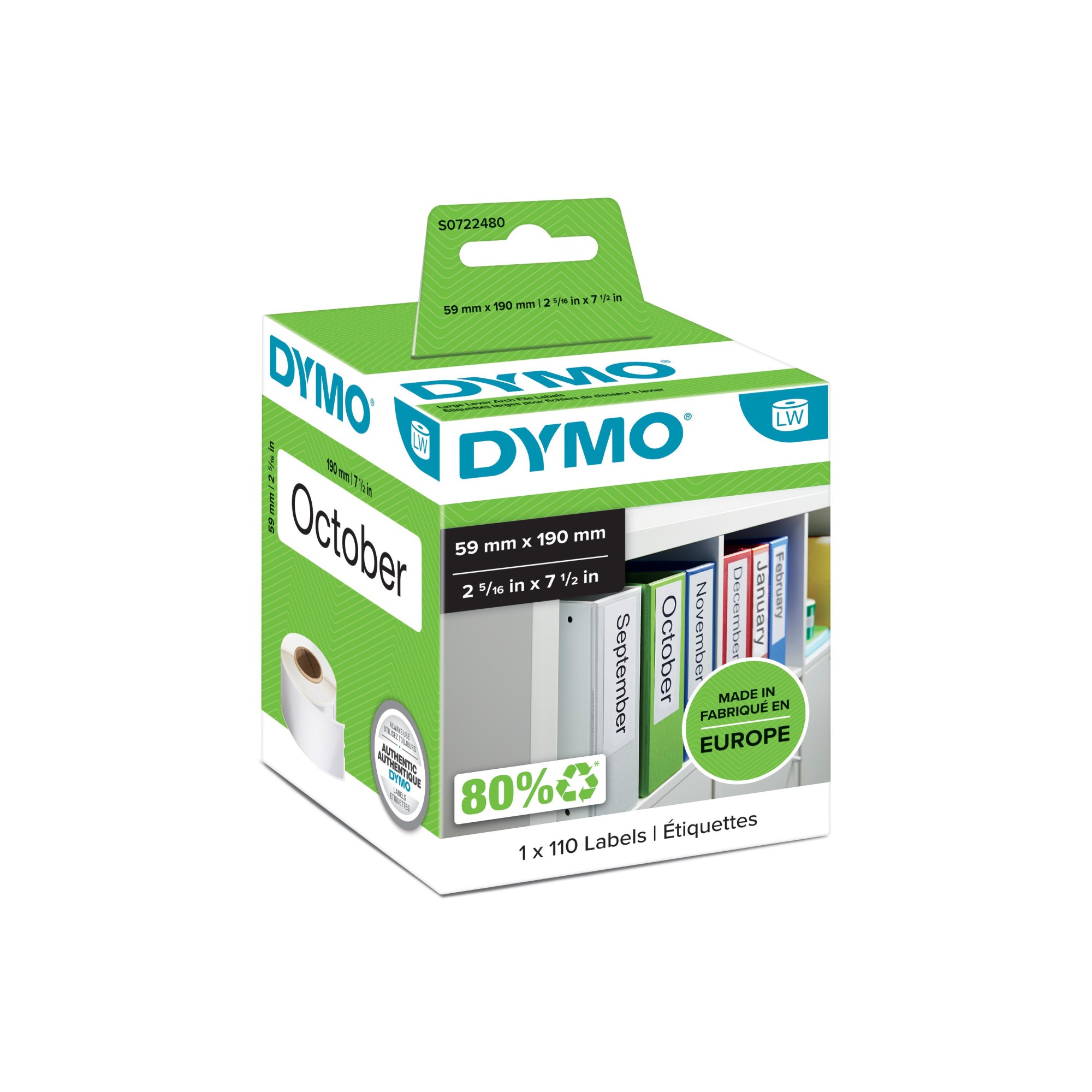 ORIGINALE DYMO Etichette S0722480 99019 Etichette per raccoglitori 190x59mm bianco 1x110 Etichette