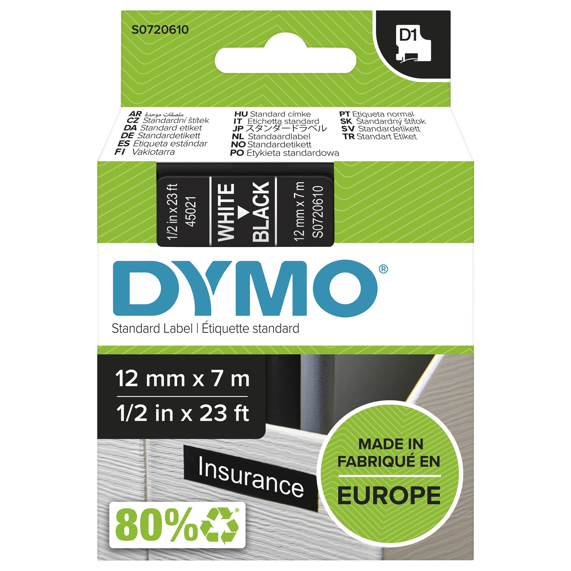 ORIGINALE DYMO Nastro Bianco su nero S0720610 45021 12mm x 7m Standard-D1-ruolo