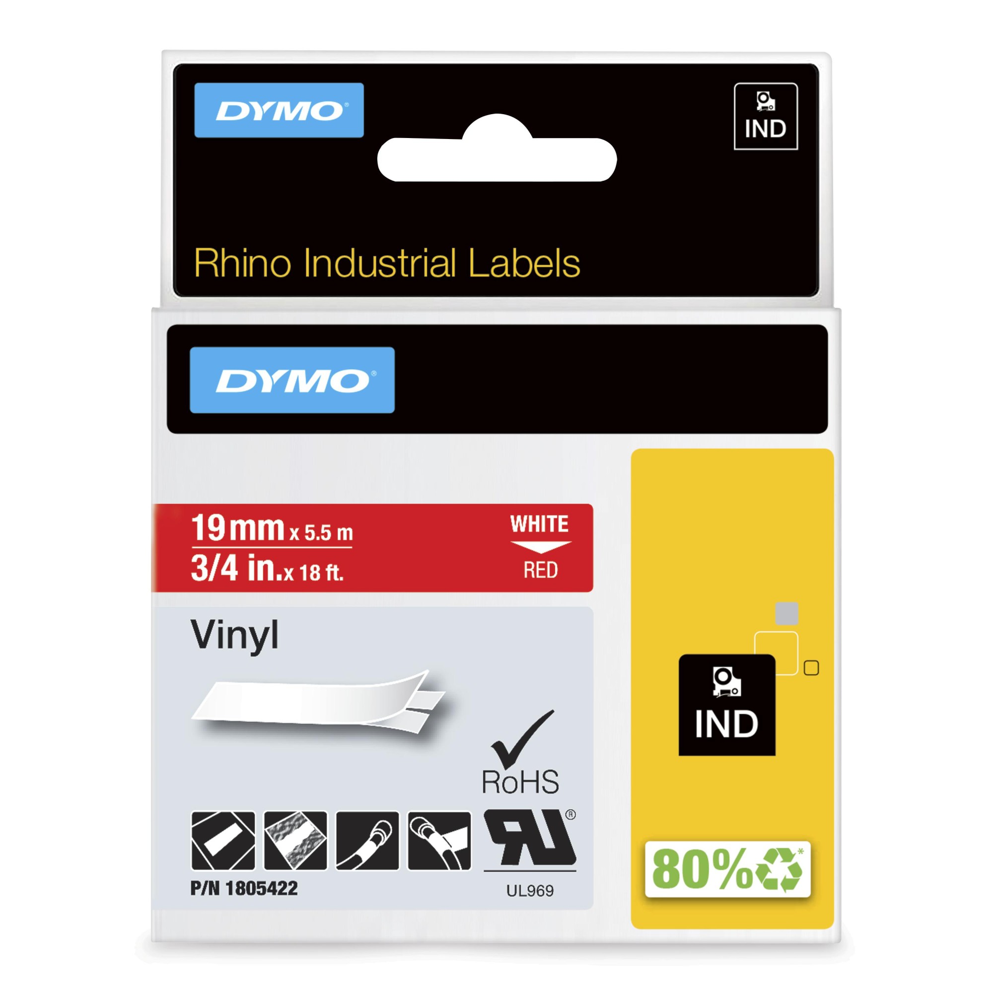 ORIGINALE DYMO Nastro Bianco su rosso 1805422 DYMO Rhino Etichette in vinile industriale | 19 mm x 55 m | Stampa bianca su rosso | Autoadesive | per stampanti di etichette Rhino e LabelManager