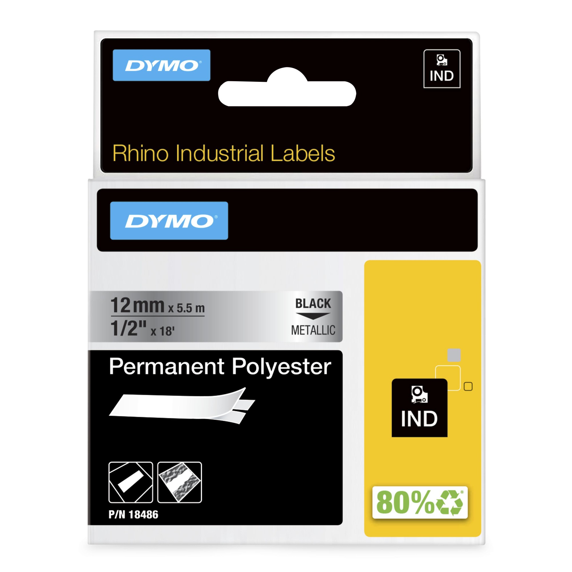 ORIGINALE DYMO Nastro Nero su argento S0718180 18486 12mm RHINO Poliestere permanente
