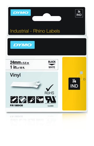 ORIGINALE DYMO Nastro Nero su bianco 1805430 Natro vinile Rhino IND 24mm x 55m nero su bianco