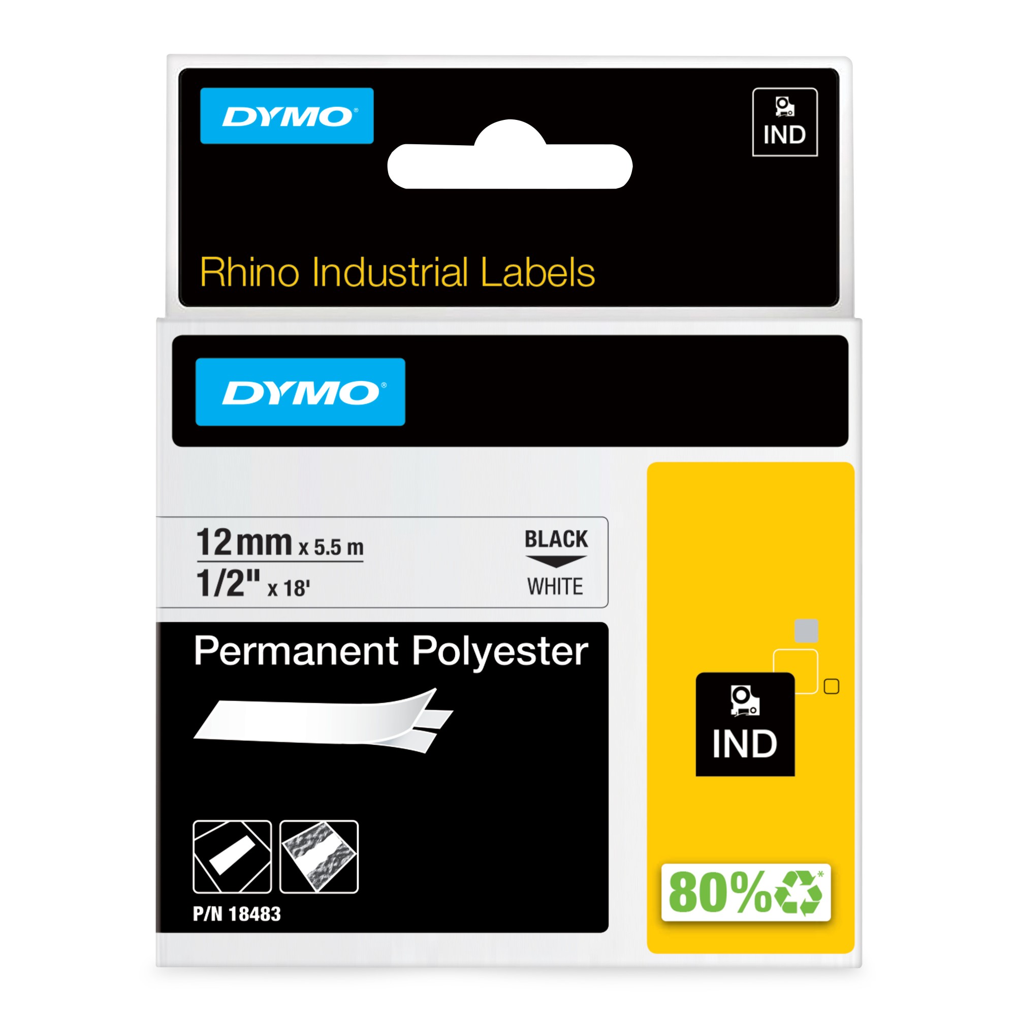 ORIGINALE DYMO Nastro Nero su bianco 18483 DYMO Rhino Etichette in poliestere permanenti industriali | 12 mm x 55 m | Stampa nera su bianco | Autoadesive | per stampanti di etichette Rhino e LabelManager