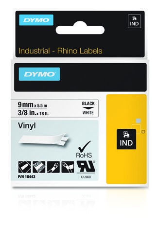 ORIGINALE DYMO Nastro Nero su bianco S0718580 18443 Nastro in vinile Rhino IND 9mm x 55m bianco su nero