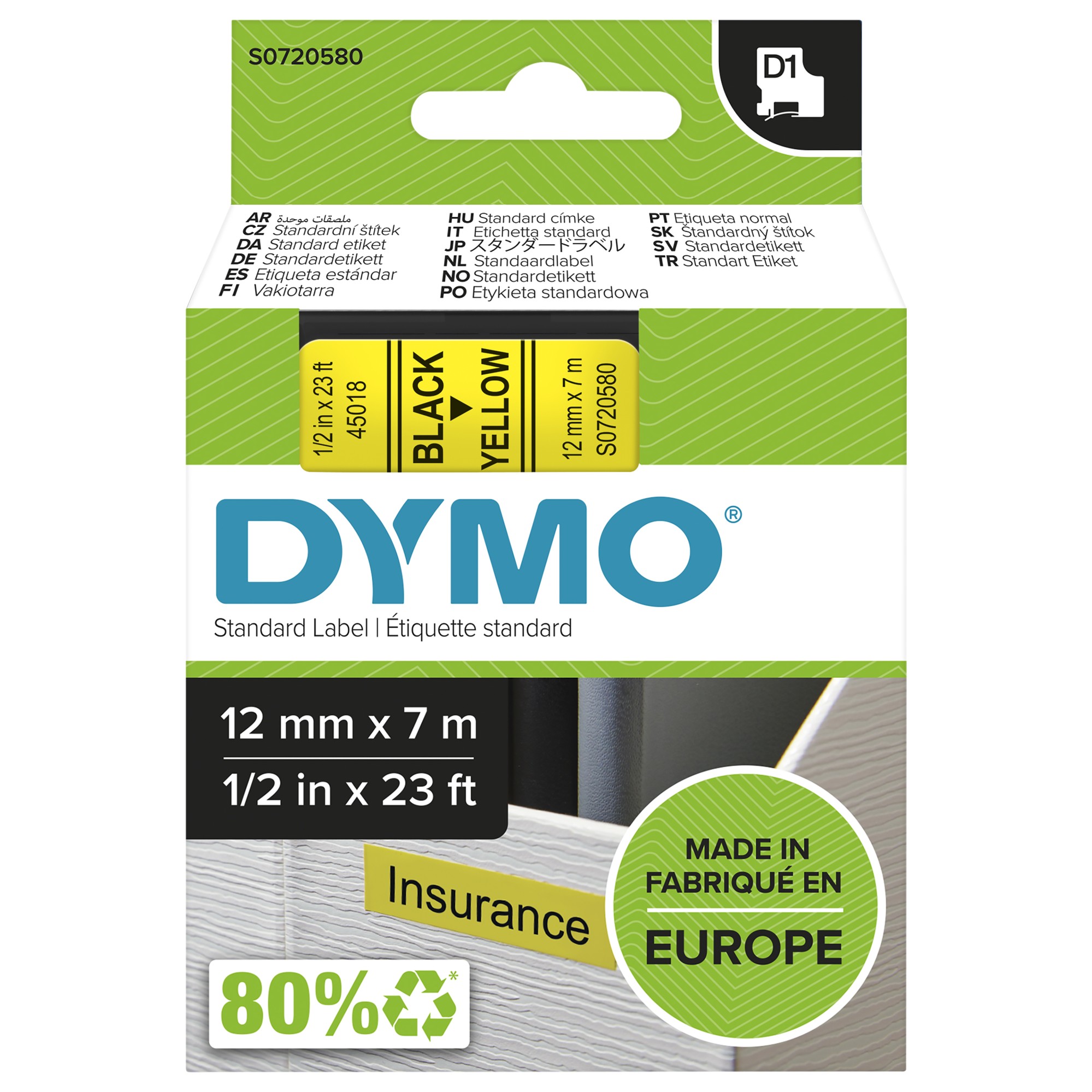 ORIGINALE DYMO Nastro Nero su giallo S0720580 45018 12mm x 7m Standard-D1-ruolo