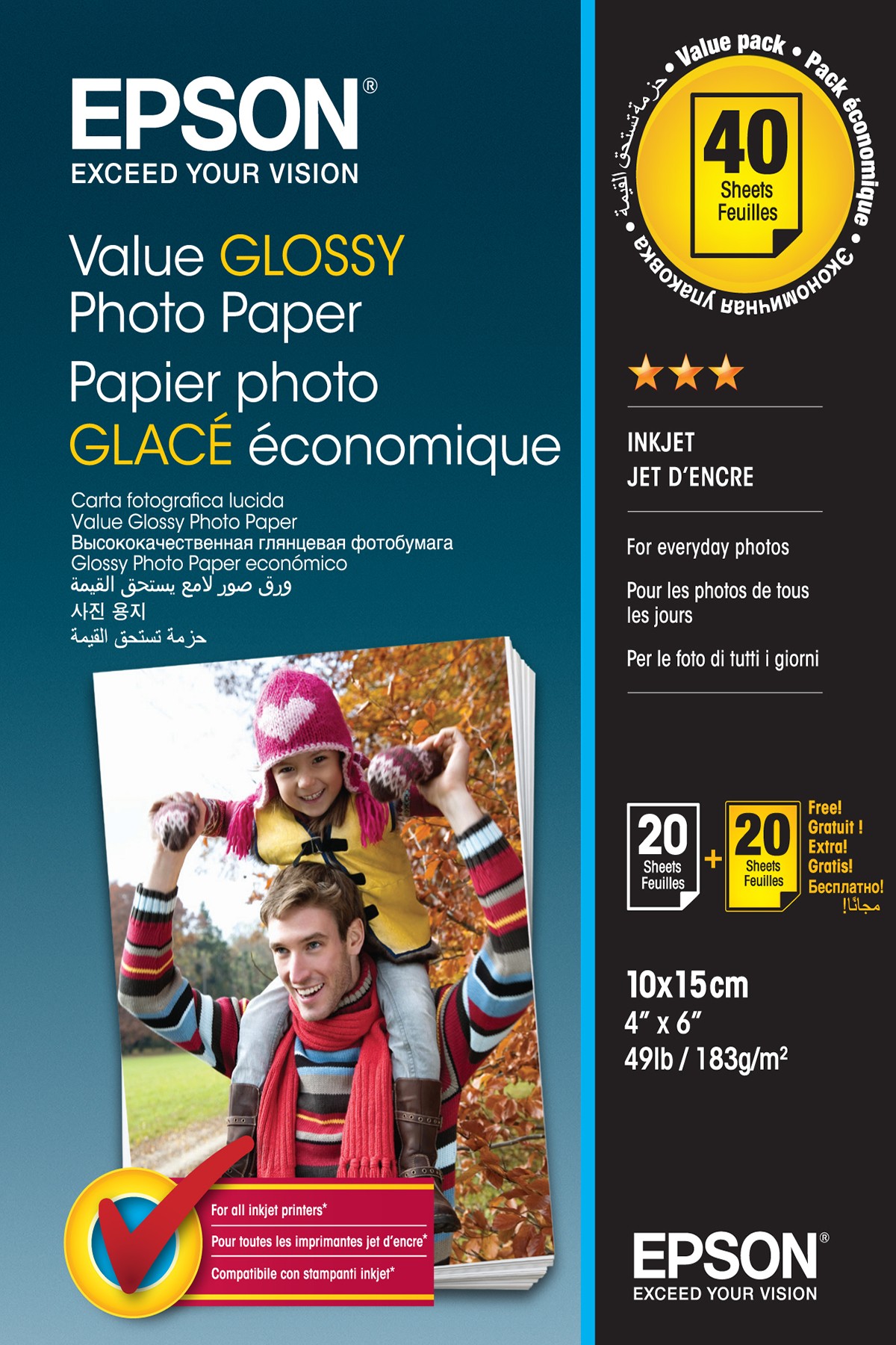 ORIGINALE Epson Carta Bianco C13S400044 Value Glossy Photo Papier Value Glossy carta fotografica 10 x 15 cm 183g/m? 2 x 20 fogli brillante