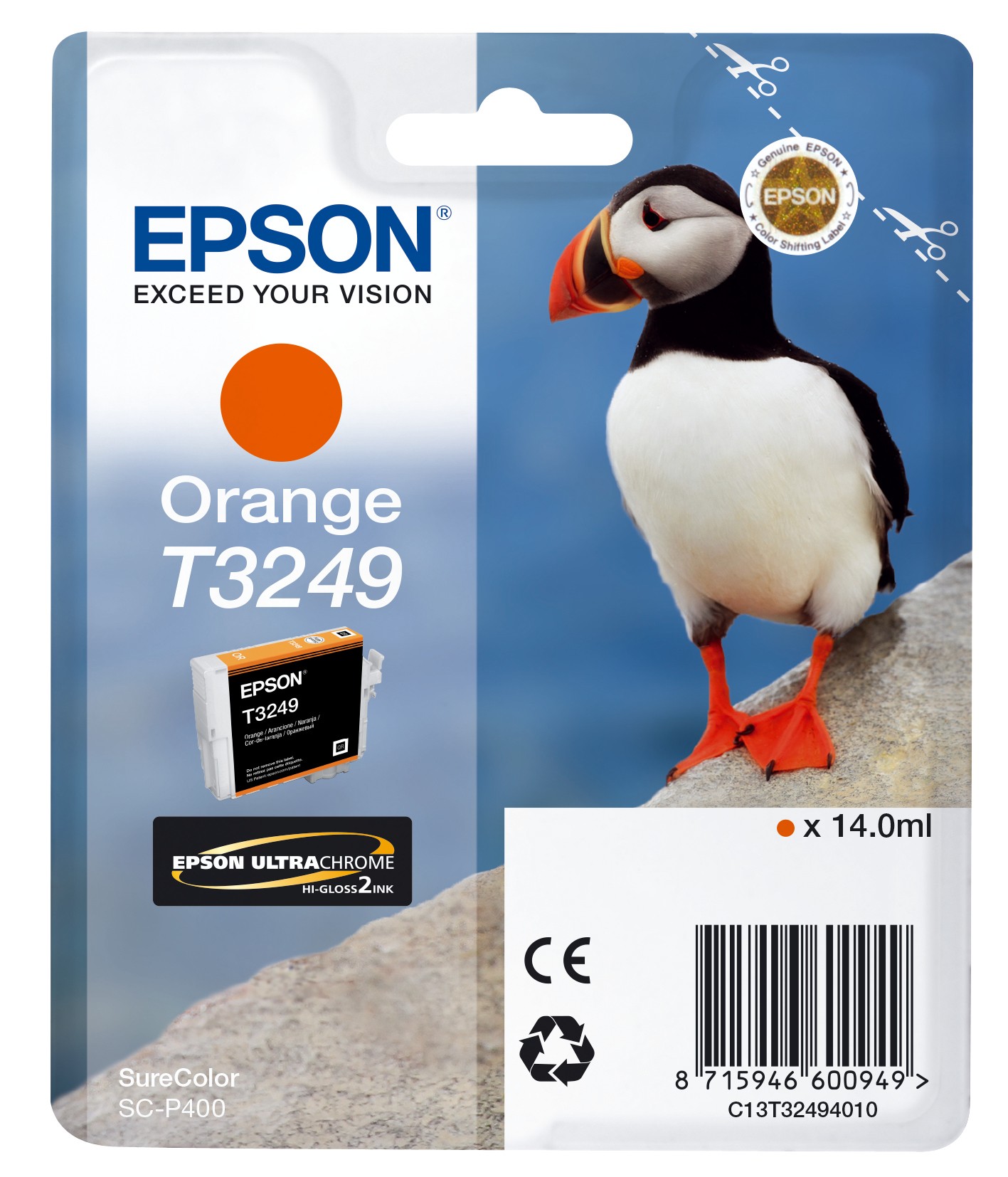 ORIGINALE Epson Cartuccia d'inchiostro Arancione C13T32494010 T3249 980 pagine 14ml