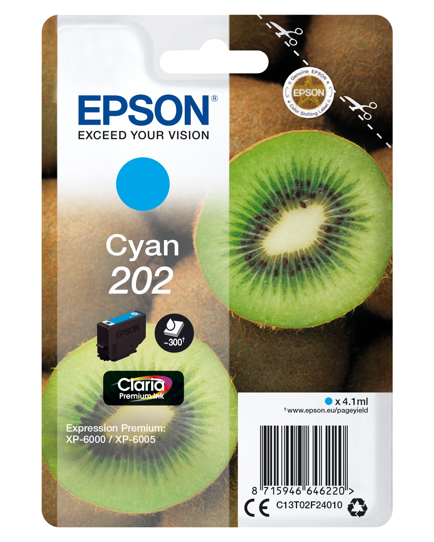 ORIGINALE Epson Cartuccia d'inchiostro ciano C13T02F24010 202 300 pagine 41ml