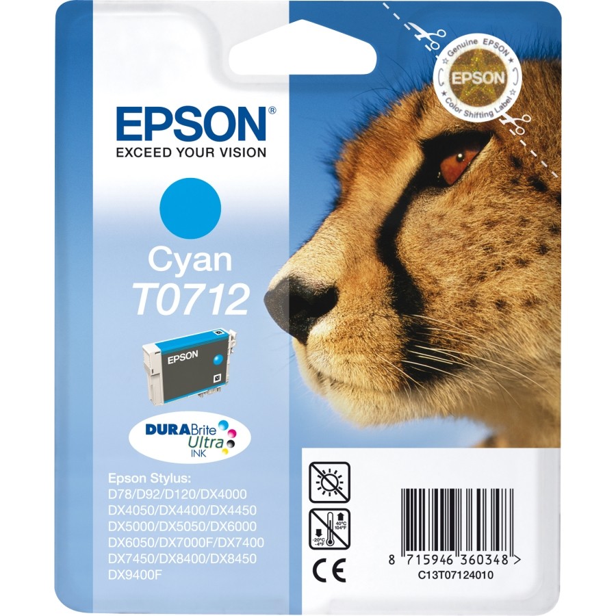 ORIGINALE Epson Cartuccia d'inchiostro ciano C13T07124012 T0712 345 pagine 55ml
