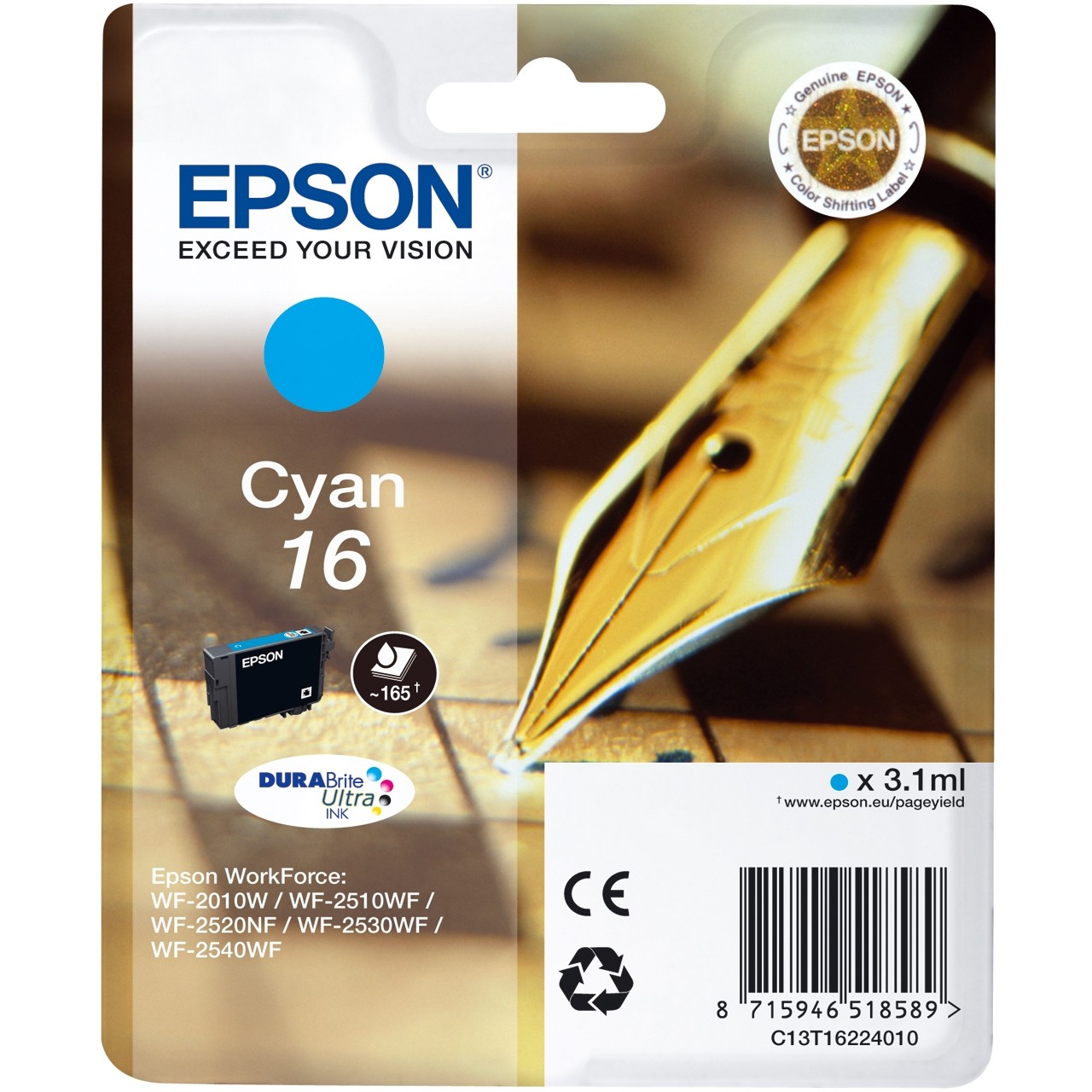 ORIGINALE Epson Cartuccia d'inchiostro ciano C13T16224012 16 165 pagine 31ml standard