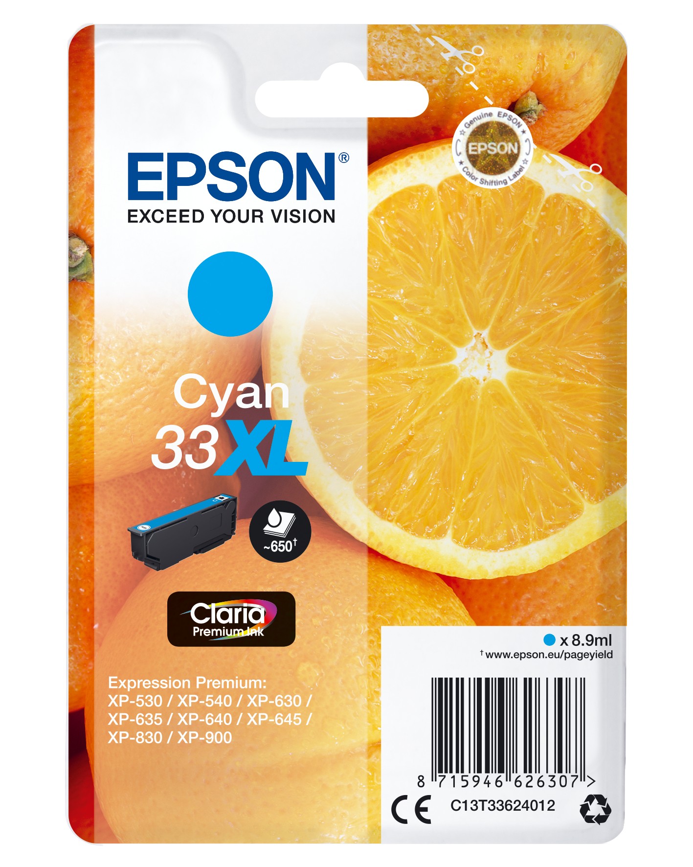 ORIGINALE Epson Cartuccia d'inchiostro ciano C13T33624012 33 XL 650 pagine XL