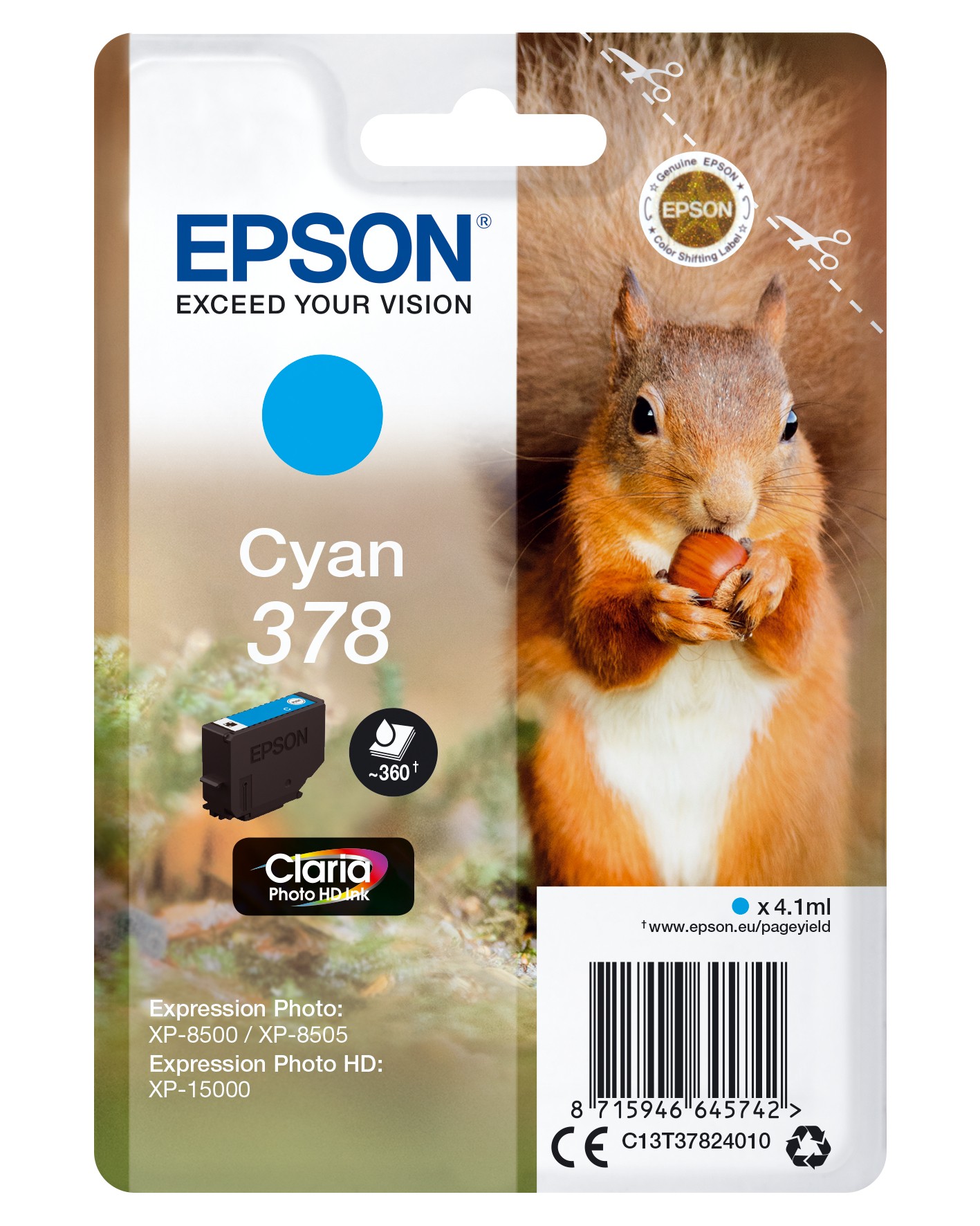 ORIGINALE Epson Cartuccia d'inchiostro ciano C13T37824010 378 360 pagine 41ml