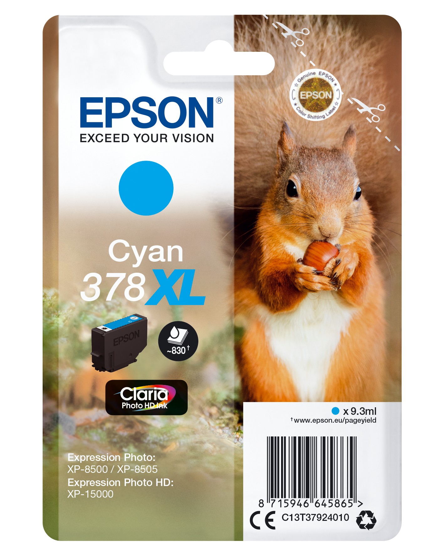 ORIGINALE Epson Cartuccia d'inchiostro ciano C13T37924010 378XL 830 pagine 93ml