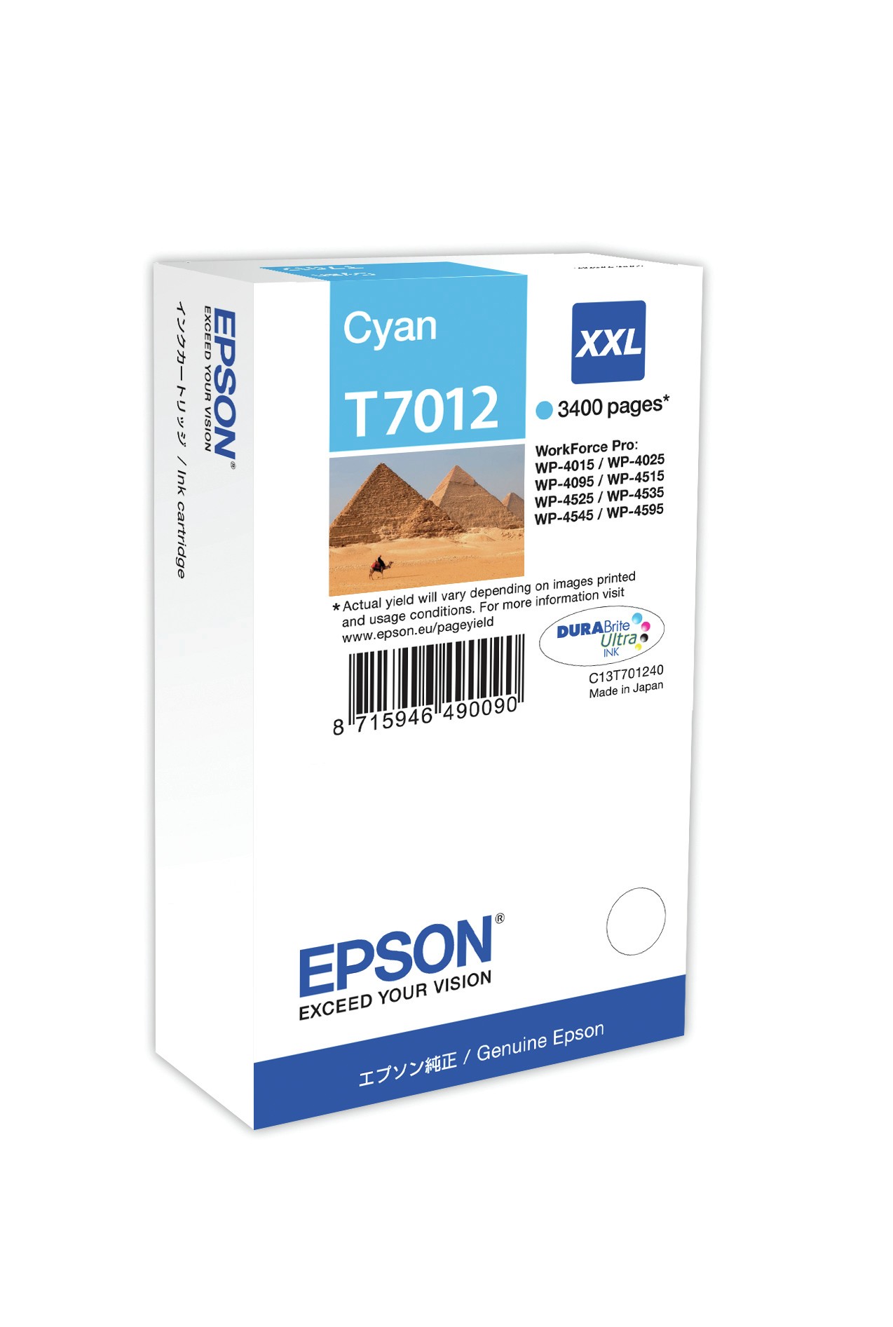 ORIGINALE Epson Cartuccia d'inchiostro ciano C13T70124010 T7012 XXL 3400 pagine XXL