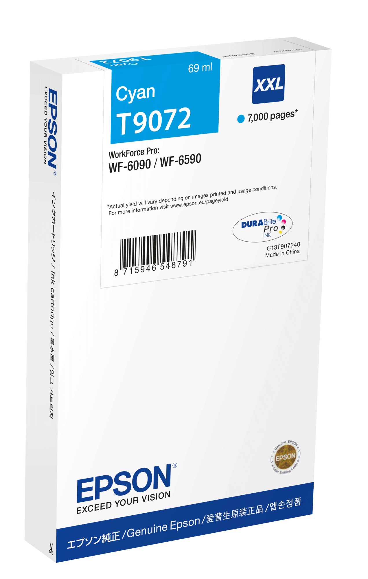 ORIGINALE Epson Cartuccia d'inchiostro ciano C13T90724N T9072 XXL 7000 pagine 69ml