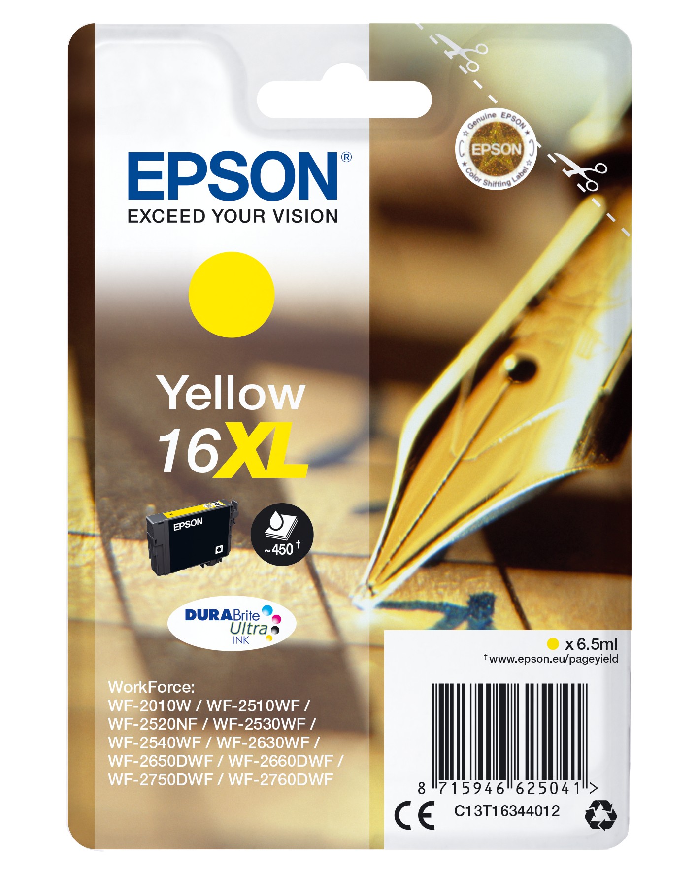 ORIGINALE Epson Cartuccia d'inchiostro giallo C13T16344012 16 XL 450 pagine 65ml Cartuccie d?inchiostro XL