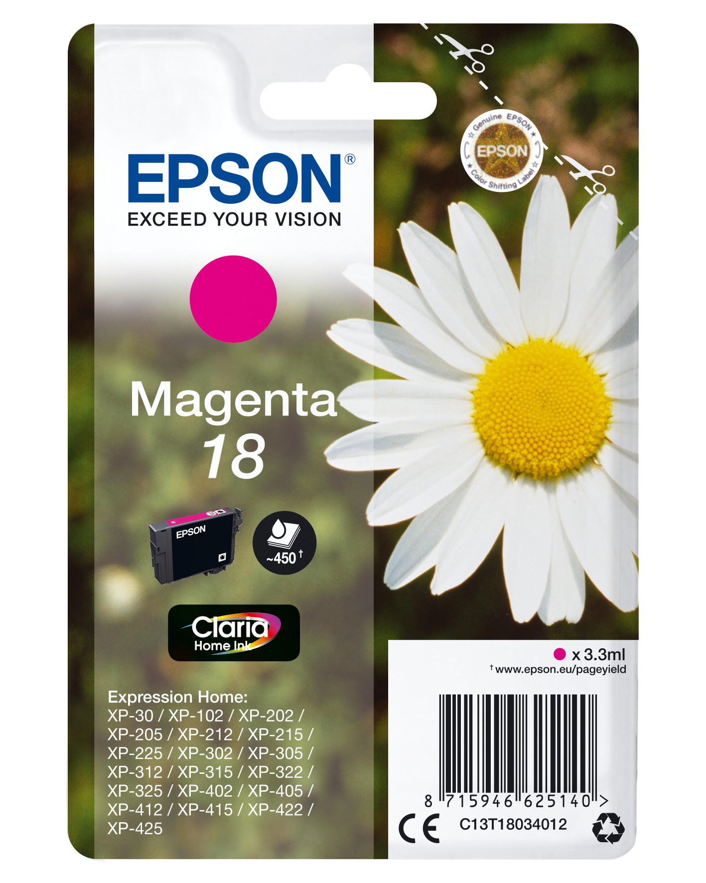 ORIGINALE Epson Cartuccia d'inchiostro magenta C13T18034012 18 180 pagine 33ml standard ORIGINALE Epson Cartuccia d'inchiostro magenta C13T18034012 18 180 pagine 33ml standard