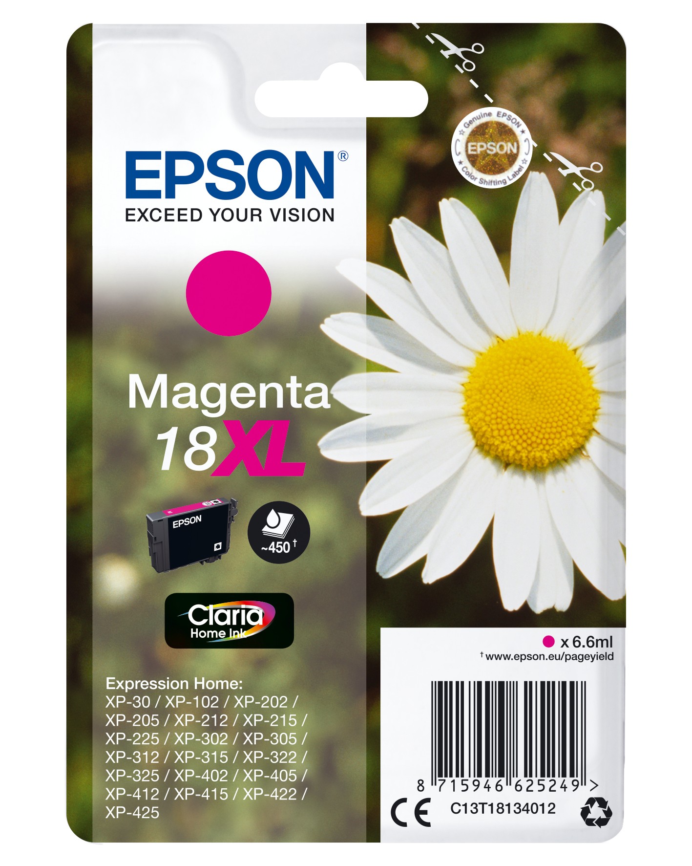 ORIGINALE Epson Cartuccia d'inchiostro magenta C13T18134012 18 XL 450 pagine 66ml Cartuccie d?inchiostro XL