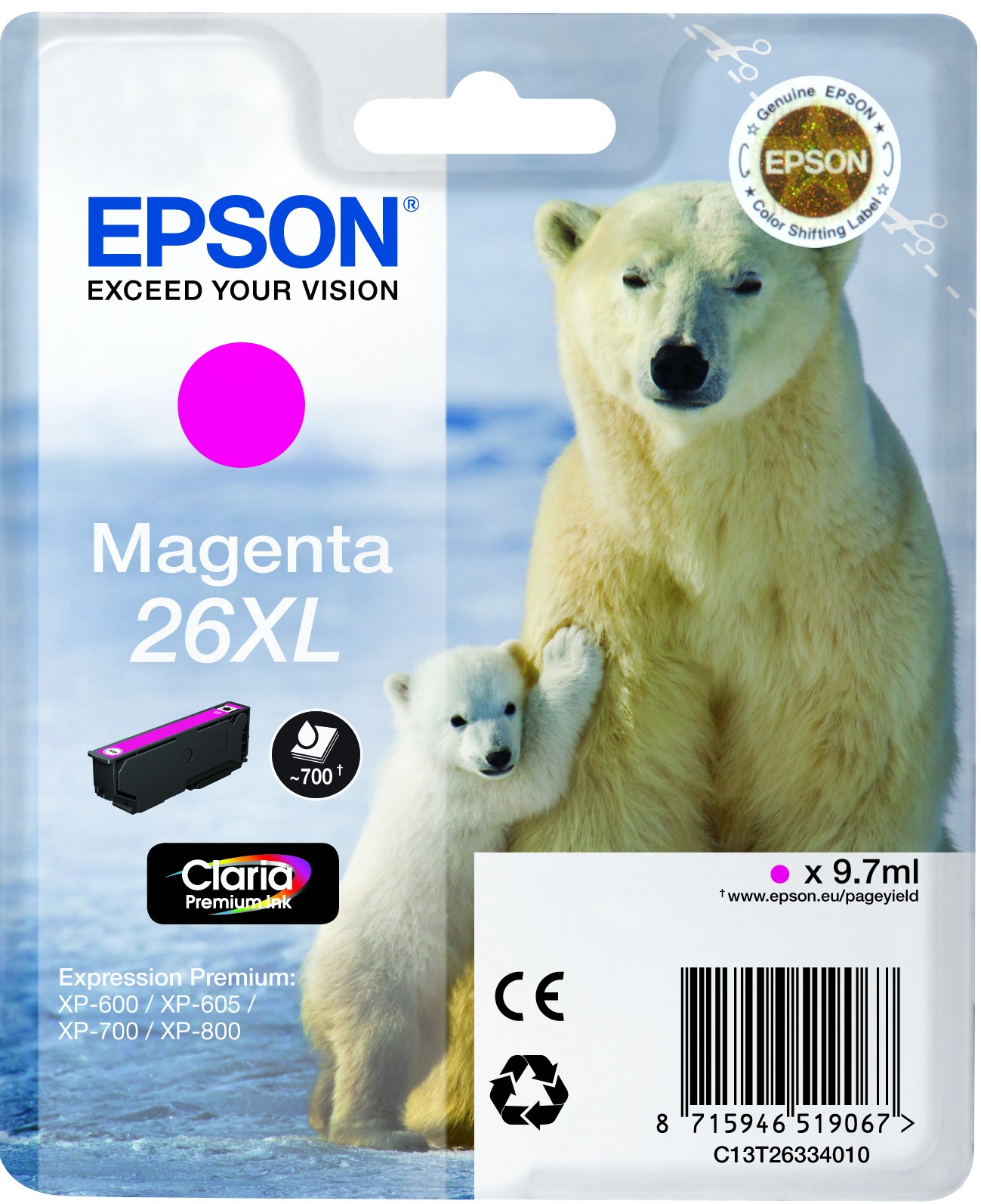 ORIGINALE Epson Cartuccia d'inchiostro magenta C13T26334012 26 XL 700 pagine 97ml Cartuccie d?inchiostro XL