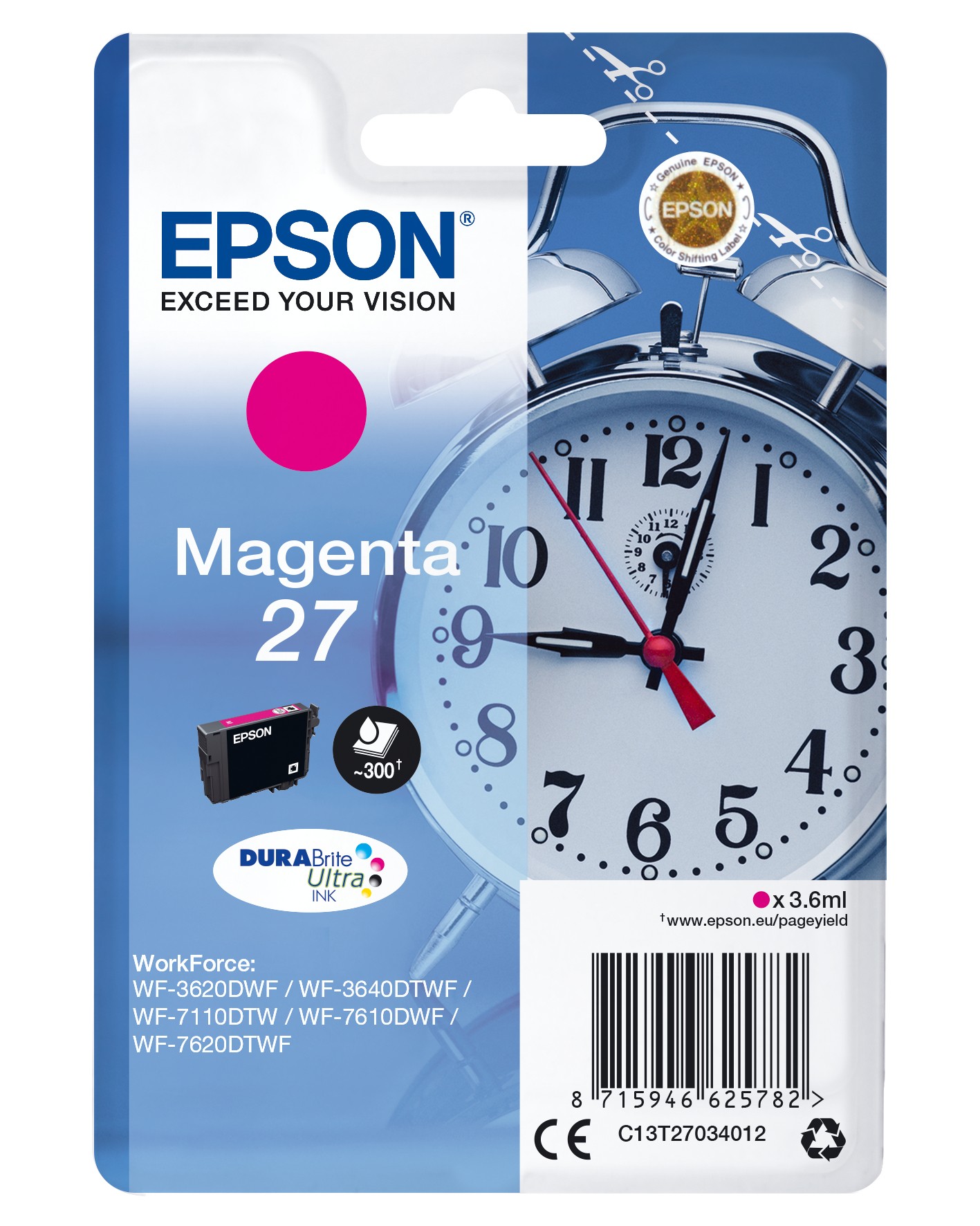 ORIGINALE Epson Cartuccia d'inchiostro magenta C13T27034012 27 300 pagine 36ml ORIGINALE Epson Cartuccia d'inchiostro magenta C13T27034012 27 300 pagine 36ml