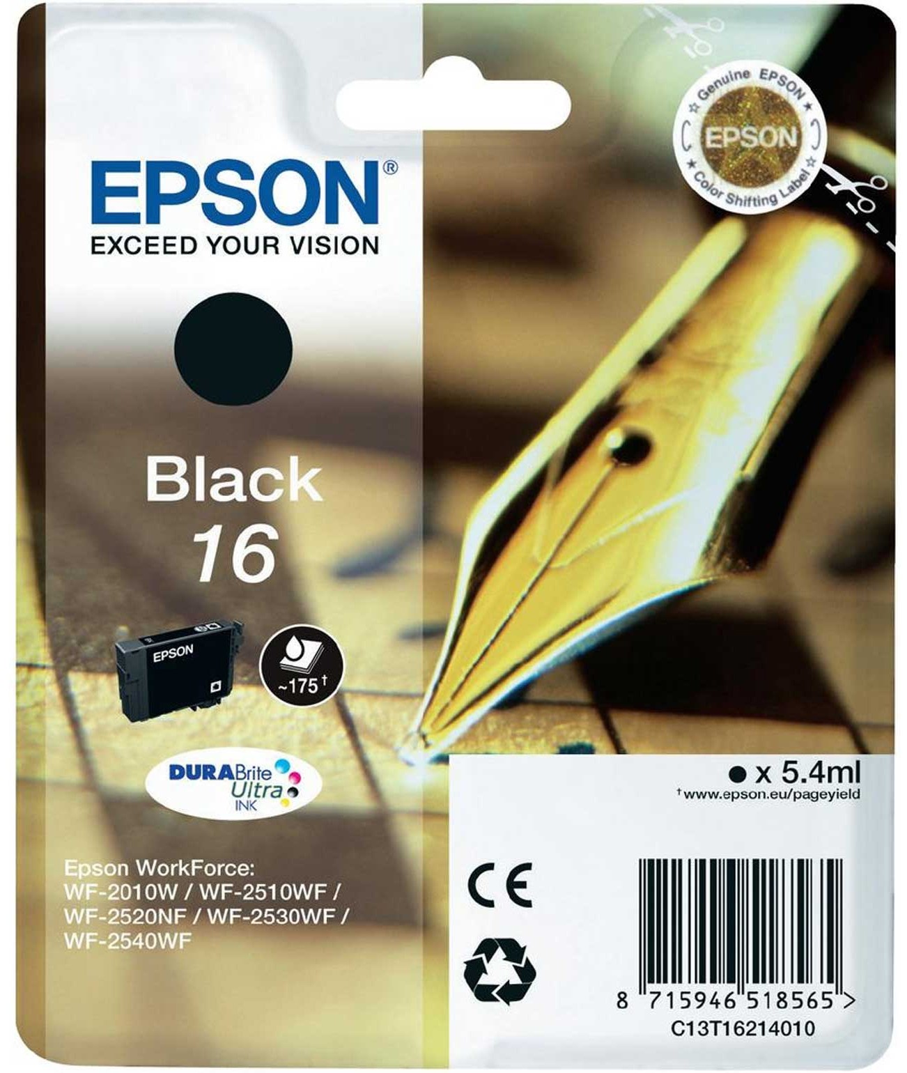 ORIGINALE Epson Cartuccia d'inchiostro nero C13T16214012 16 175 pagine 54ml standard